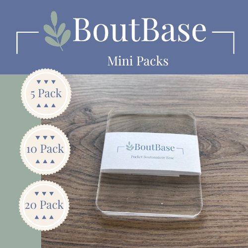 BoutBase Mini pocket boutonniere holder pack options including 5 pack, 10 pack, and 20 pack sizes