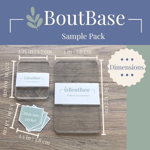 Dimensions of BoutBase Sample Pack items including Mini bases (2.25 x 2.75 inches), Standard bases (3 x 5 inches), and Slide Into Pocket stickers (1.5 x 1.5 inches)