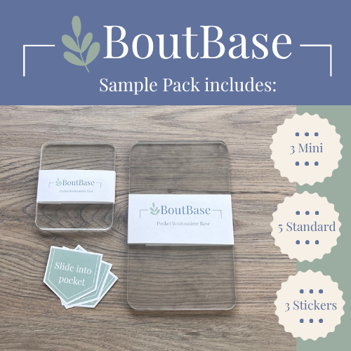BoutBase Sample Pack contents including 3 mini bases, 5 standard bases, and 3 Slide into Pocket stickers