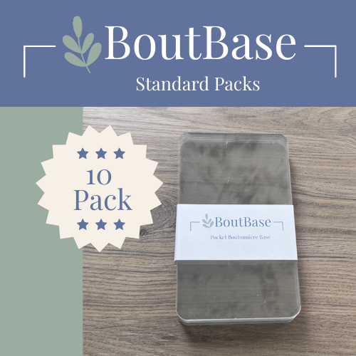 10 pack of clear BoutBase Standard pocket boutonniere holders for florists and wedding flowers