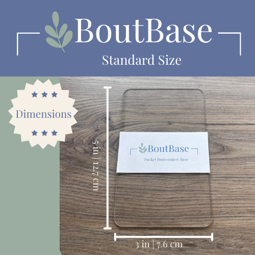 Dimensions of the clear BoutBase Standard pocket boutonniere holder measuring 3 inches by 5 inches