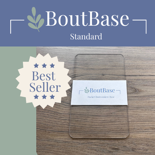 Clear standard BoutBase pocket boutonniere holder for weddings and floral design with Best Seller label