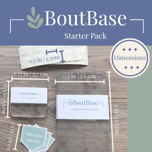 Dimensions of BoutBase Starter Pack items including Mini and Standard pocket boutonniere holders and Slide Into Pocket stickers