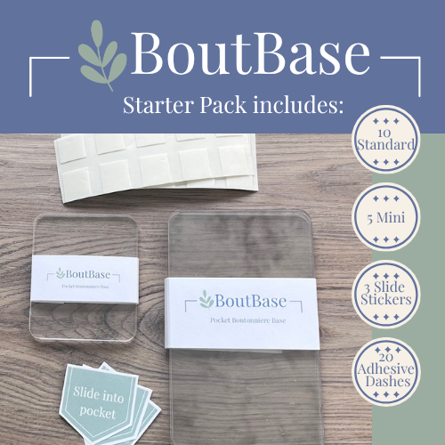 BoutBase Starter Pack contents including 10 standard bases, 5 mini bases, 20 adhesive dashes, and 3 Slide Into Pocket stickers