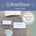 BoutBase Starter Pack with standard and mini pocket boutonniere holders, adhesive dashes, and Slide Into Pocket stickers